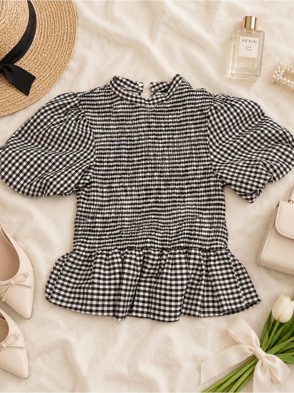Zara Black White Gingham Smocked Puff Sleeve Peplum Top